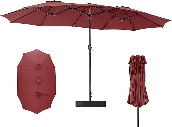 Sybels 15ft Large Rectangle Patio Umbrella with Base, Outdoor Sun Shade for Deck, Backyard, Market, Wine red