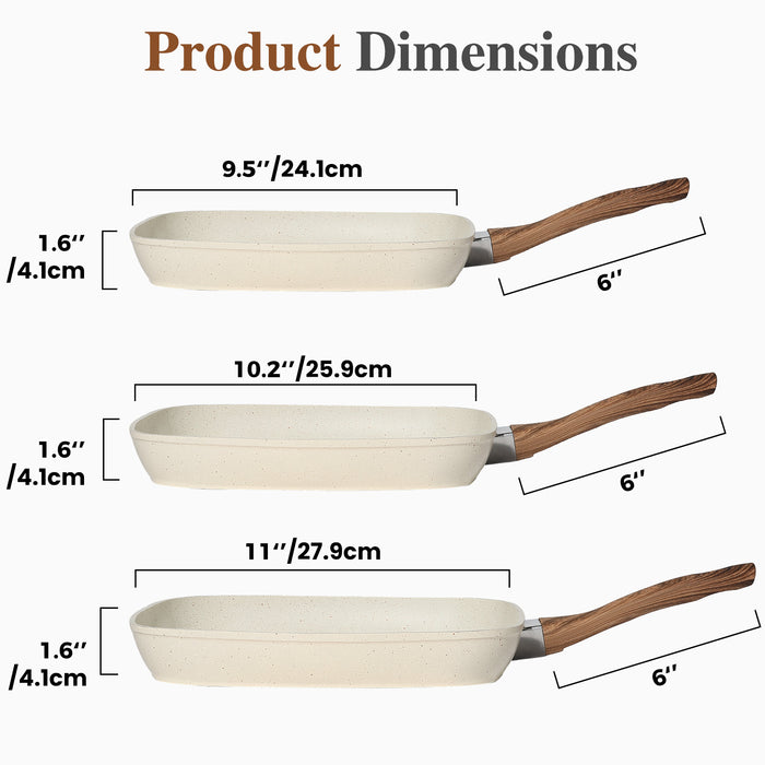 Sybels 3-Piece Nonstick Grill Pan Set, Square ，for Healthy Cooking, Universal for Induction Gas Electric Glass Stovetops, Cool-Touch Handle (9.5" 10" 11")，Beige