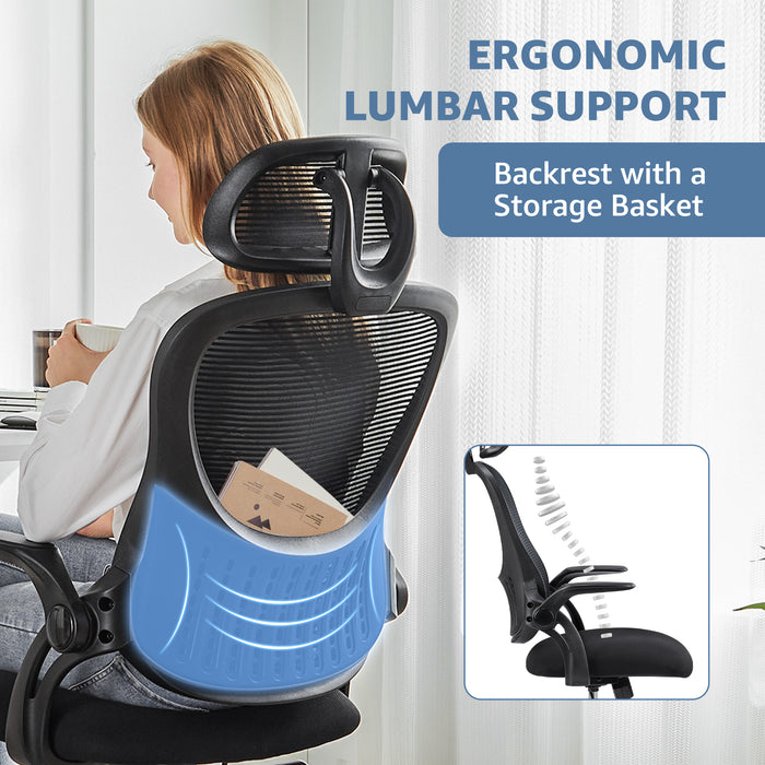 Sybels Ergonomic High Back Mesh Office Chair - Adjustable Headrest & Lumbar Support, Flip-Up Arms, 360° Swivel with Rolling Casters for Home Office, Black