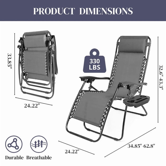 Sybels 2-Pack Zero Gravity Reclining Lounge Chairs, Portable Folding Outdoor Chairs with Adjustable Headrest, Cup Holders & Ergonomic Support, Black