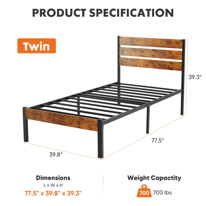 Sybels Twin Bed Frame: No Box Spring Needed, Ample Under-Bed Storage & All-Metal Support in a Rust Brown Finish，800LBS
