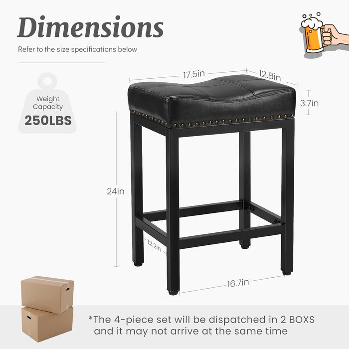 Sybels 24" Saddle Bar Stools (Set of 2) - PU Leather Counter Stools with Footrest for Kitchen Island, Cafe，Black