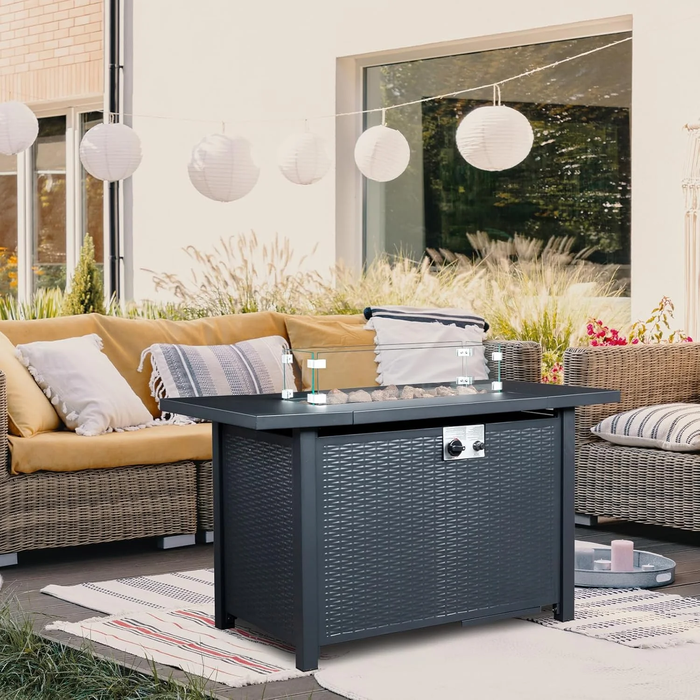 Dozzle 45" Square Propane Fire Table | 50,000 BTU High-Output Patio Heater with Tempered Glass Wind Guard & Sapphire Fire Glass, Durable Steel Tabletop & Weatherproof Cover for Patio, Deck