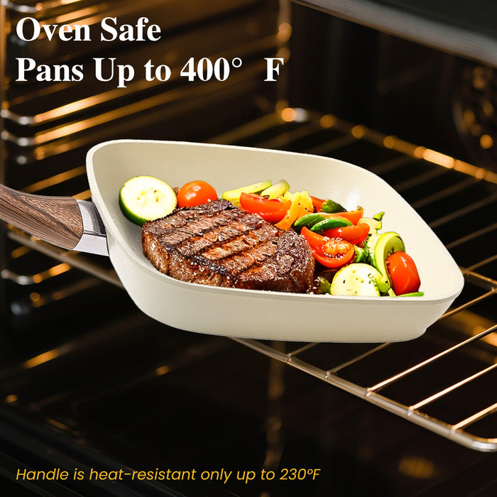 Sybels 3-Piece Nonstick Grill Pan Set, Square ，for Healthy Cooking, Universal for Induction Gas Electric Glass Stovetops, Cool-Touch Handle (9.5" 10" 11")，Beige