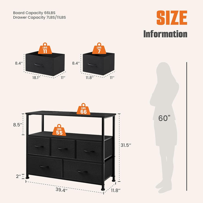 Sybels Modern TV Console with 5 Fabric Drawers for 45" TVs, Media Stand with Open Display Shelf, Minimalist Entertainment Center for Living Room & Bedroom, Black