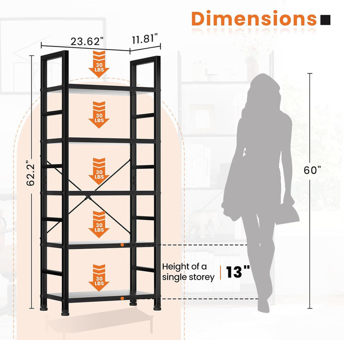 Sybels 5-Tier Industrial Bookshelf, Storage Bookcase Organizer for Home Office, Garage, Kitchen, for Books, CDs, Black