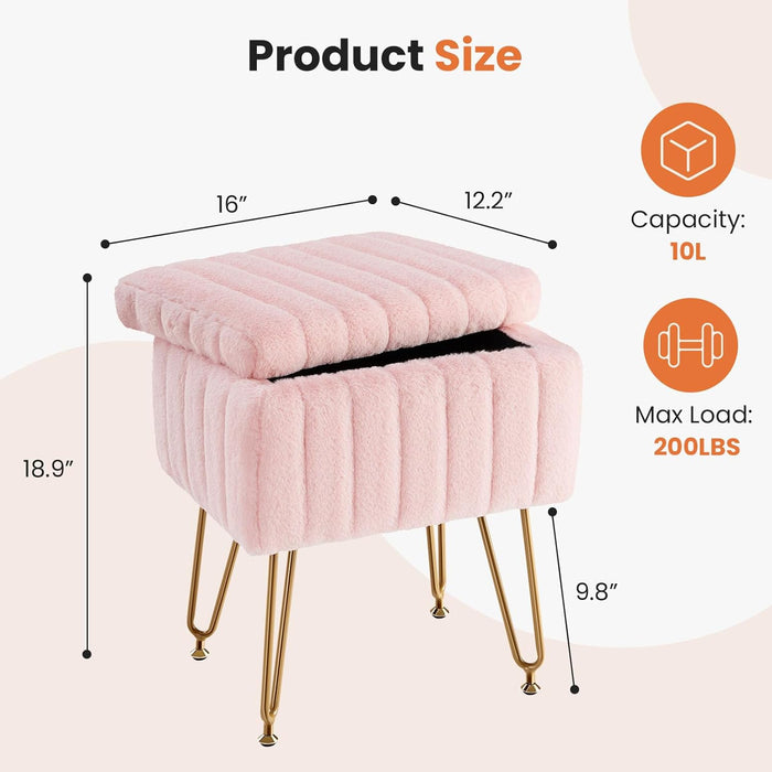 Sybels Storage Vanity Stool with Plush Faux Fur, Adjustable Anti-Slip Makeup Ottoman Bench，Pink