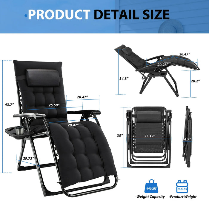 Sybels Zero Gravity Chair with Headrest & Cup Holders - Reclining Outdoor Lounge Chair, Supports 440lbs, Foldable for Backyard, Deck , Black