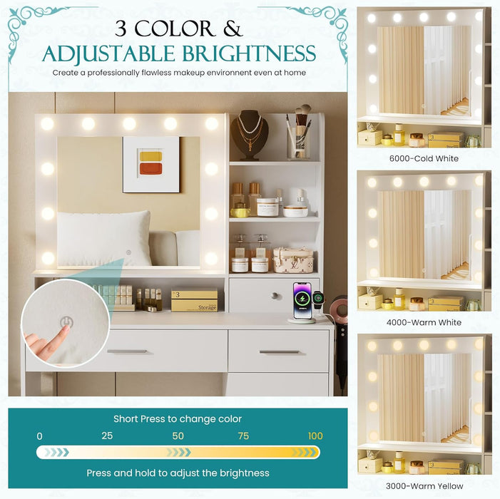 Sybels Vanity Desk with LED Mirror & Power Outlet, Makeup Dressing Table with 11 Lights, 3 Color Modes, Adjustable Brightness, 3 Drawers, Cabinet & 4 Shelves for Bedroom