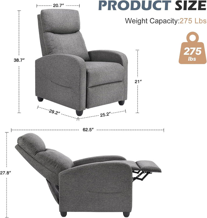 Sybels Compact Massage Recliner - Space-Saving Fabric Chair with Lumbar Support for Home Theater，Gray