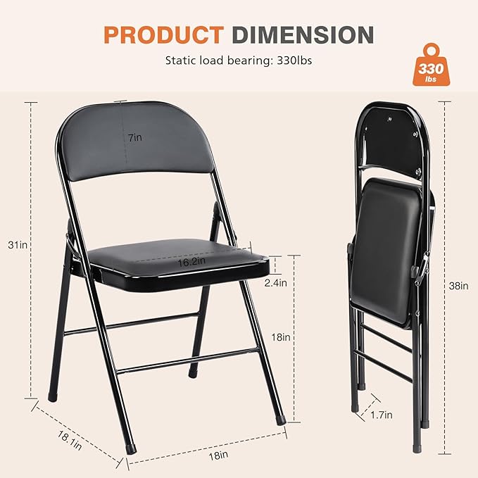 Sybels Folding Chairs Padded 2 Pack - Metal Indoor Outdoor Portable Foldable Chair for Party, Kitchen，Black