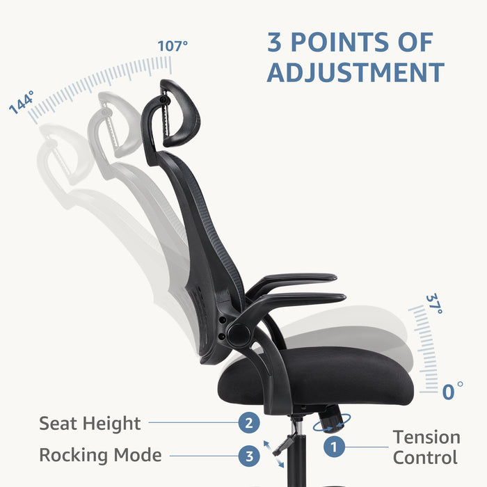Sybels Ergonomic High Back Mesh Office Chair - Adjustable Headrest & Lumbar Support, Flip-Up Arms, 360° Swivel with Rolling Casters for Home Office, Black