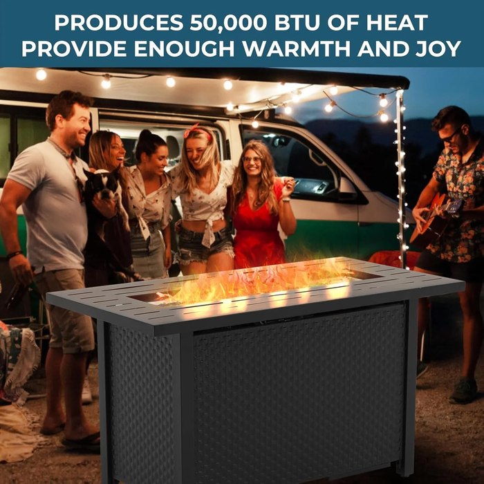 Dozzle 45" Square Propane Fire Table | 50,000 BTU High-Output Patio Heater with Tempered Glass Wind Guard & Sapphire Fire Glass, Durable Steel Tabletop & Weatherproof Cover for Patio, Deck