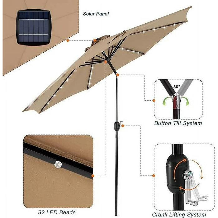 Sybels 10FT Outdoor LED Patio Umbrella, Push Button Tilt & Easy Crank for Pool, Beach, Restaurant, Khaki