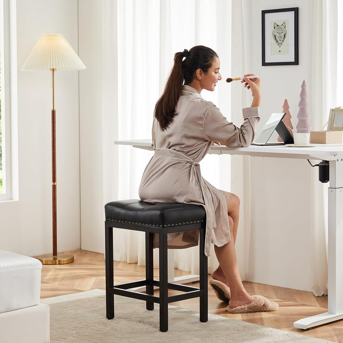 Sybels 24" Saddle Bar Stools (Set of 2) - PU Leather Counter Stools with Footrest for Kitchen Island, Cafe，Black