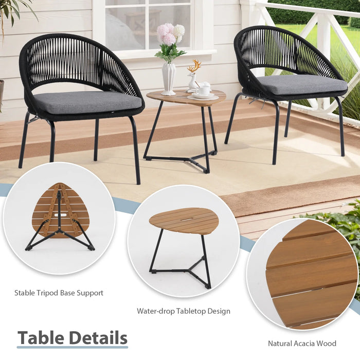 Dozzle 3-Piece Patio Bistro Set with Cushions, All-Weather Woven Rope Chairs and Coffee Table for Balcony, Garden,Black