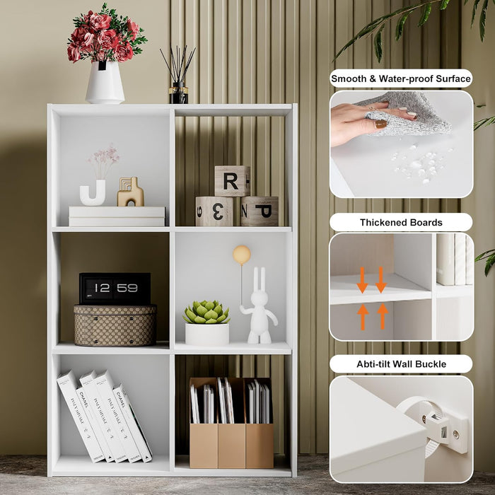 Sybels Cube Storage Shelf, 6-Cube Bookshelf with Removable Dividers，a Versatile Organizer , suitable for living rooms, home offices, and bedrooms, White
