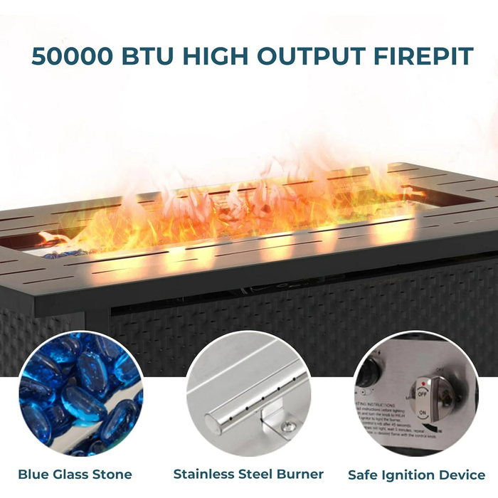 Dozzle 45" Square Propane Fire Table | 50,000 BTU High-Output Patio Heater with Tempered Glass Wind Guard & Sapphire Fire Glass, Durable Steel Tabletop & Weatherproof Cover for Patio, Deck