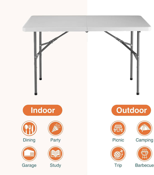Sybels 4ft Plastic Folding Table, Heavy Duty Portable Desk with Carrying Handle for Camping Picnic Party, Indoor & Outdoor Use