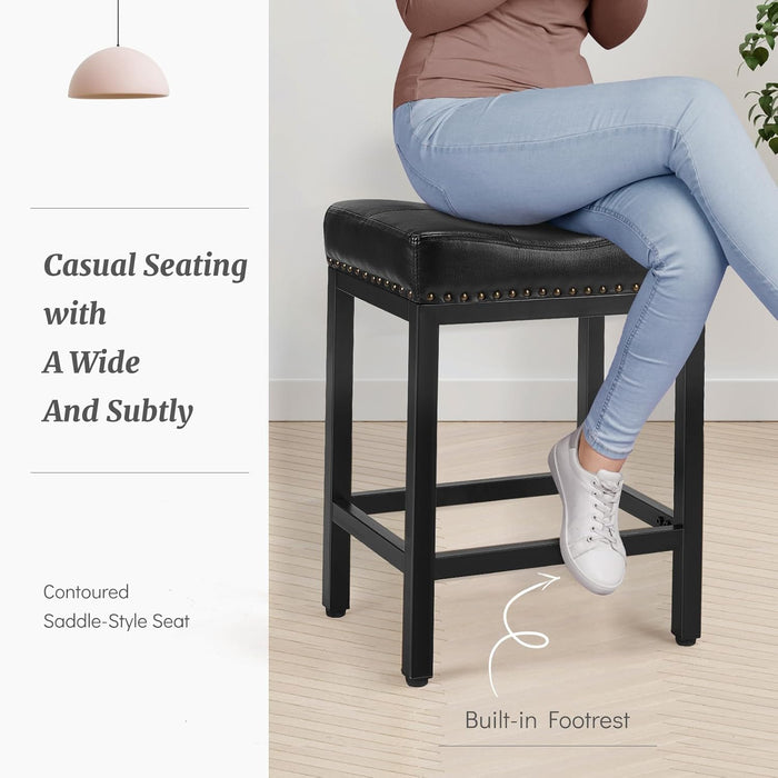 Sybels 24" Saddle Bar Stools (Set of 2) - PU Leather Counter Stools with Footrest for Kitchen Island, Cafe，Black