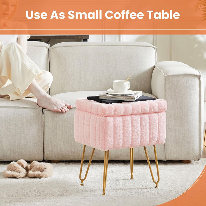 Sybels Storage Vanity Stool with Plush Faux Fur, Adjustable Anti-Slip Makeup Ottoman Bench，Pink