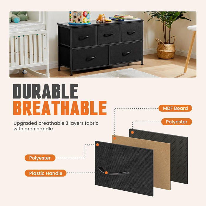 Sybels Modern TV Console with 5 Fabric Drawers for 45" TVs, Media Stand with Open Display Shelf, Minimalist Entertainment Center for Living Room & Bedroom, Black