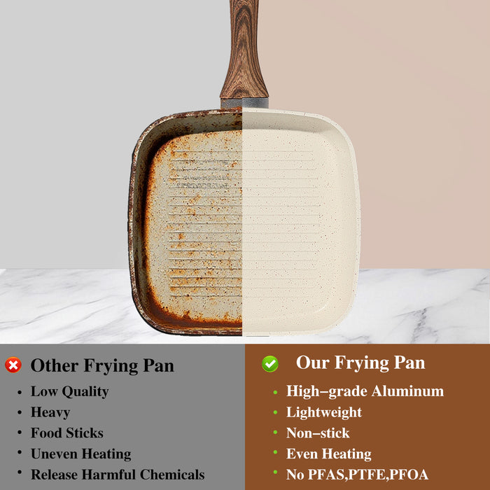 Sybels 3-Piece Nonstick Grill Pan Set, Square ，for Healthy Cooking, Universal for Induction Gas Electric Glass Stovetops, Cool-Touch Handle (9.5" 10" 11")，Beige
