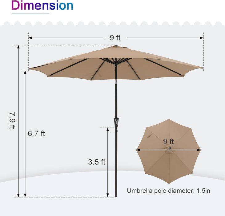 Dozzle 9 ft Patio Umbrella with Tilt & Crank, 8-Rib Outdoor Market Umbrella for Table, Beige