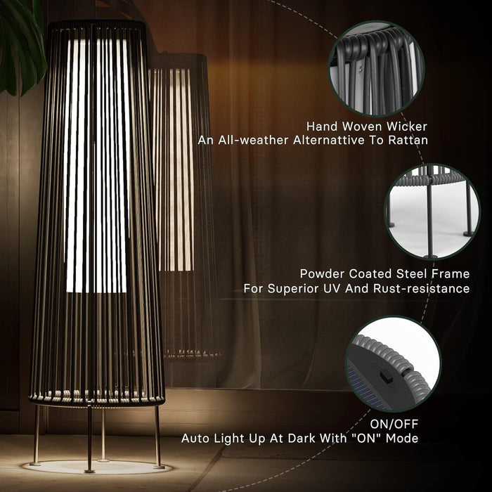 Dozzle 2-Pack Outdoor Solar Floor Lamp, Wicker Design Waterproof Deck Light for Patio, Yard and Garden, Dark Brown