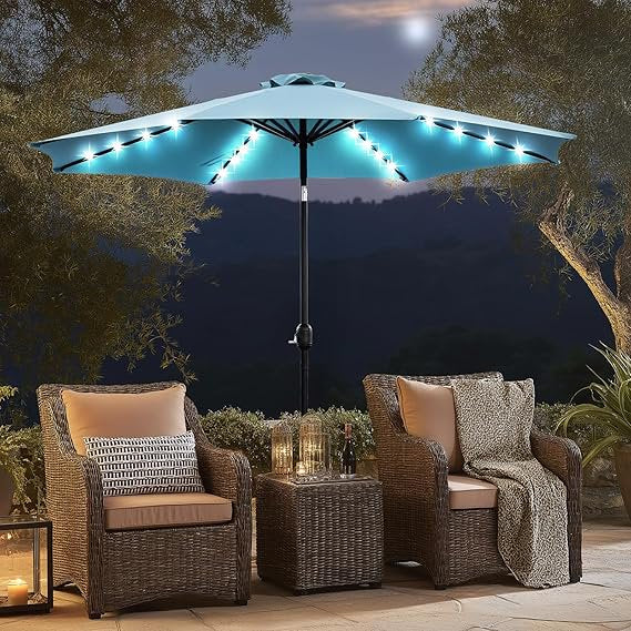 Sybels 10FT Outdoor LED Patio Umbrella, Push Button Tilt & Easy Crank for Pool, Beach, Restaurant, Blue