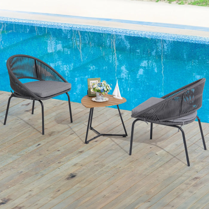 Dozzle 3-Piece Patio Bistro Set with Cushions, All-Weather Woven Rope Chairs and Coffee Table for Balcony, Garden,Black
