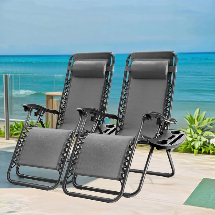 Sybels 2-Pack Zero Gravity Reclining Lounge Chairs, Portable Folding Outdoor Chairs with Adjustable Headrest, Cup Holders & Ergonomic Support, Black
