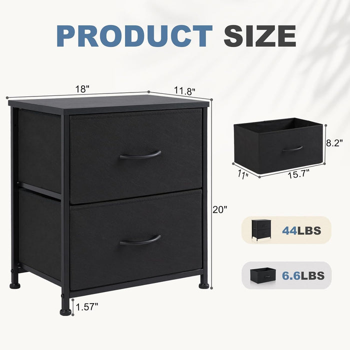 Sybels 20" Tall Bedside Table with 2 Fabric Storage Drawers, Compact Night Stand Dresser with Wooden Top for Bedroom, Dorm Room,Black (2Pack)