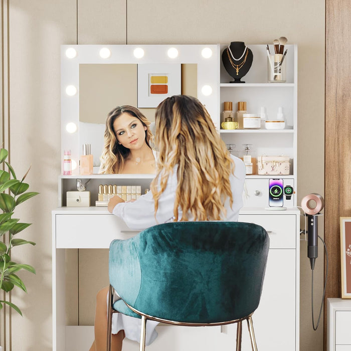 Sybels Vanity Desk with LED Mirror & Power Outlet, Makeup Dressing Table with 11 Lights, 3 Color Modes, Adjustable Brightness, 3 Drawers, Cabinet & 4 Shelves for Bedroom