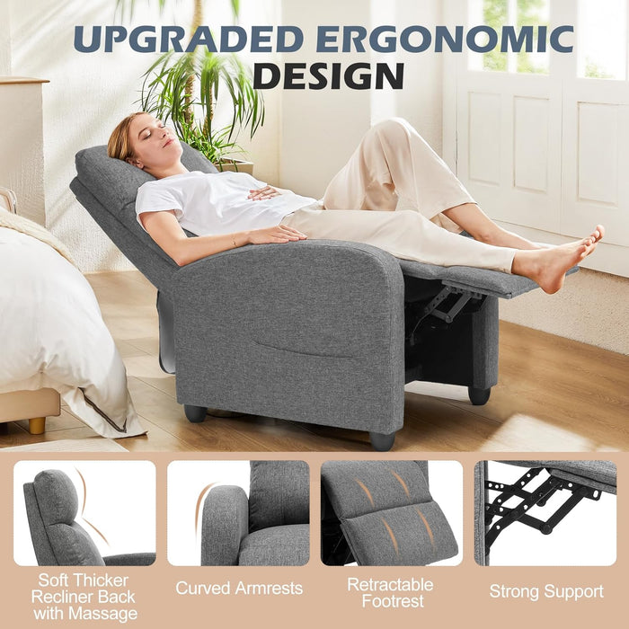 Sybels Compact Massage Recliner - Space-Saving Fabric Chair with Lumbar Support for Home Theater，Gray