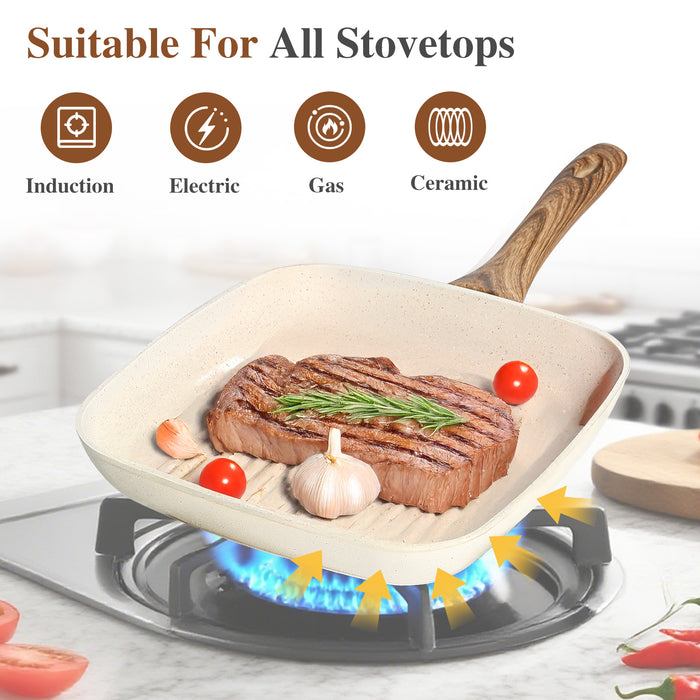 Sybels 3-Piece Nonstick Grill Pan Set, Square ，for Healthy Cooking, Universal for Induction Gas Electric Glass Stovetops, Cool-Touch Handle (9.5" 10" 11")，Beige
