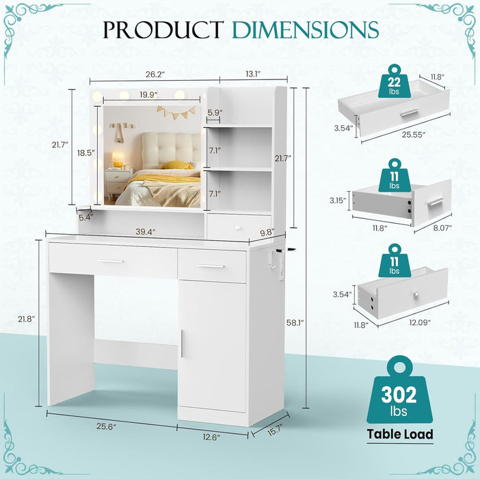 Sybels Vanity Desk with LED Mirror & Power Outlet, Makeup Dressing Table with 11 Lights, 3 Color Modes, Adjustable Brightness, 3 Drawers, Cabinet & 4 Shelves for Bedroom