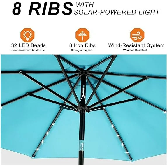 Sybels 10FT Outdoor LED Patio Umbrella, Push Button Tilt & Easy Crank for Pool, Beach, Restaurant, Blue