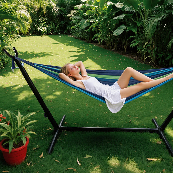 Sybels Hammock, Heavy-Duty for 2-Person with Space-Saving Steel Stand, Portable Carry Bag for Garden, Yard & Outdoors, Blue and Green