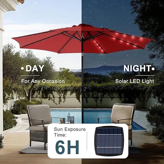 Sybels 10FT Outdoor LED Patio Umbrella, Push Button Tilt & Easy Crank for Pool, Beach, Restaurant, Red
