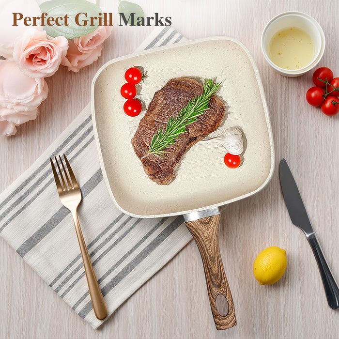 Sybels 3-Piece Nonstick Grill Pan Set, Square ，for Healthy Cooking, Universal for Induction Gas Electric Glass Stovetops, Cool-Touch Handle (9.5" 10" 11")，Beige