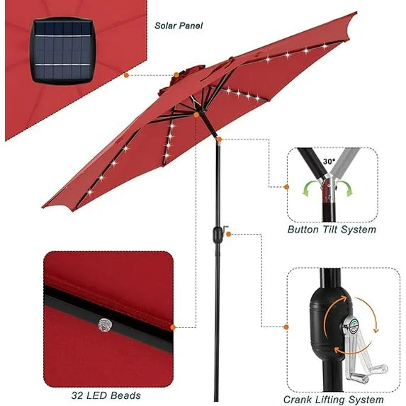 Sybels 10FT Outdoor LED Patio Umbrella, Push Button Tilt & Easy Crank for Pool, Beach, Restaurant, Red
