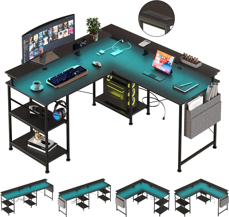90' L shaped Gaming Desk, with LED Lights, Computer Desk with Monitor Stand, Game Room, Cup Holder, Ergonomic Studio Desk, Office desk
