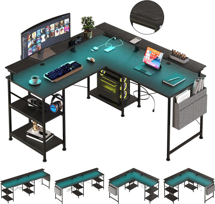 90' L shaped Gaming Desk, with LED Lights, Computer Desk with Monitor Stand, Game Room, Cup Holder, Ergonomic Studio Desk, Office desk