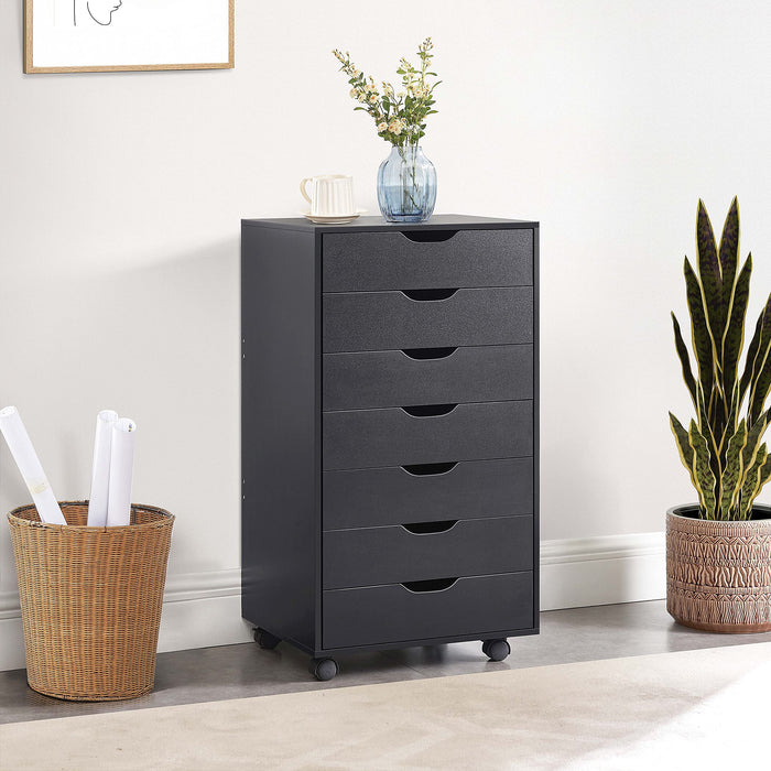 Blorly 7 Drawer Storage Organizer, 34.25'' Height File Cabinets Dressers With Wheels, Wood Cabinet For Home Office, Bedroom, Study, Black