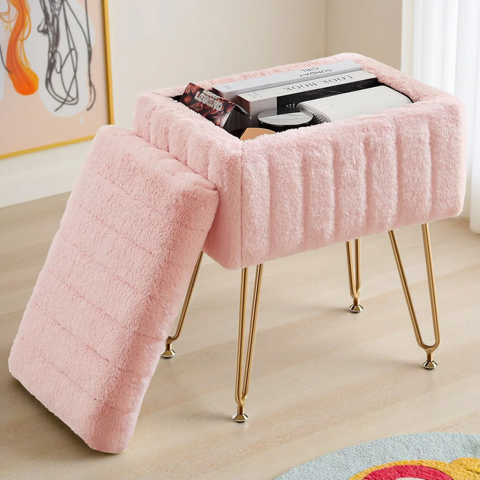 Beddle Vanity Stool Chair with Storage Space,Faux Fur Ottoman Small Makeup Stool for Dressing Room Bedroom