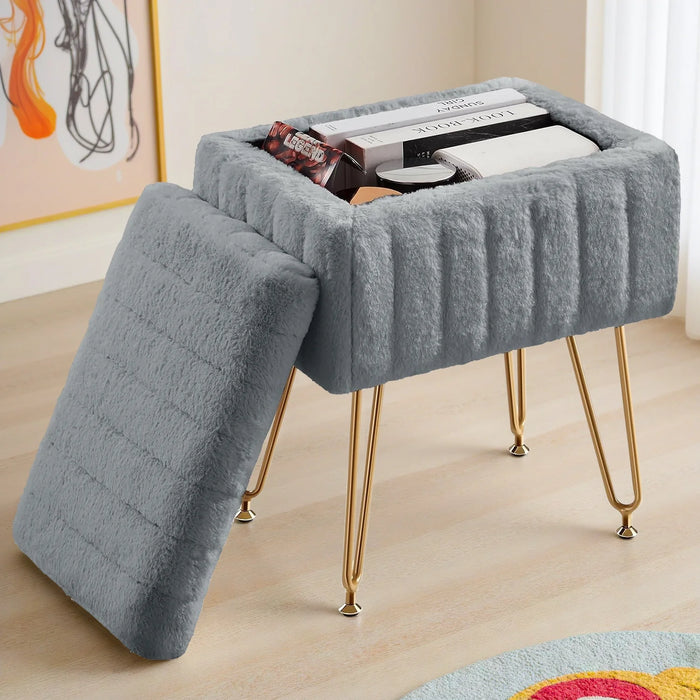 Beddle Vanity Stool Chair with Storage Space,Faux Fur Ottoman Small Makeup Stool for Dressing Room Bedroom