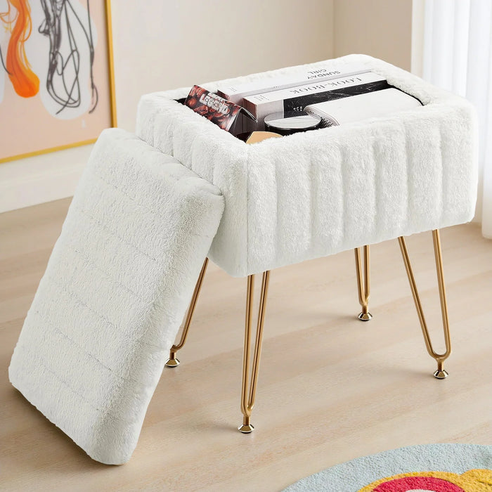 Beddle Vanity Stool Chair with Storage Space,Faux Fur Ottoman Small Makeup Stool for Dressing Room Bedroom