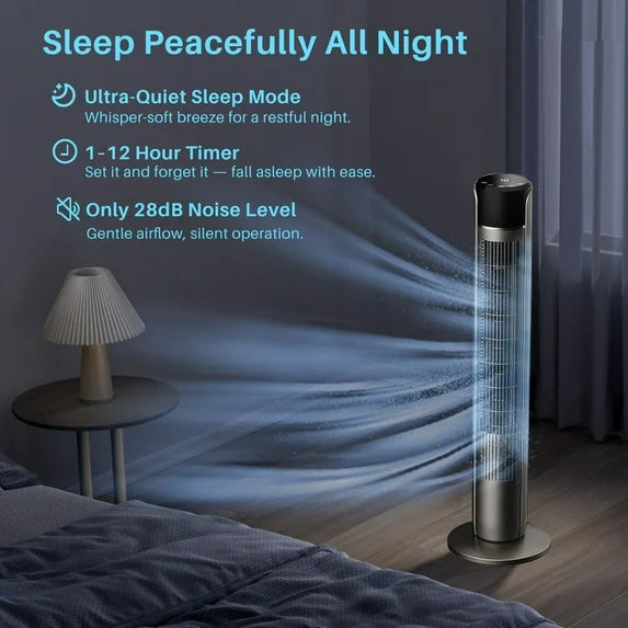 Sybels 35” Tower Fan with Remote, 5 Speed Settings, 4 Modes, 60° Wide Oscillation, 12-Hour Timer, Child Lock, Quiet Portable Cooling Fan for Bedroom, Office, Desk, Titanium Metallic Black