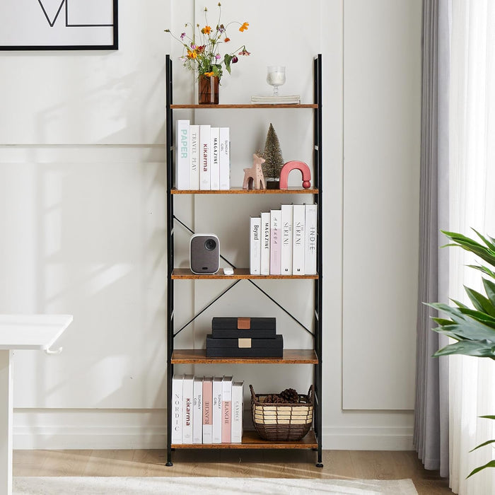 5 Tier Wooden Bookshelf Storage Shelves Organizer Retro Bookshelf Plant Display Shelf for Living Room Home Office Balcony - Rust Brown